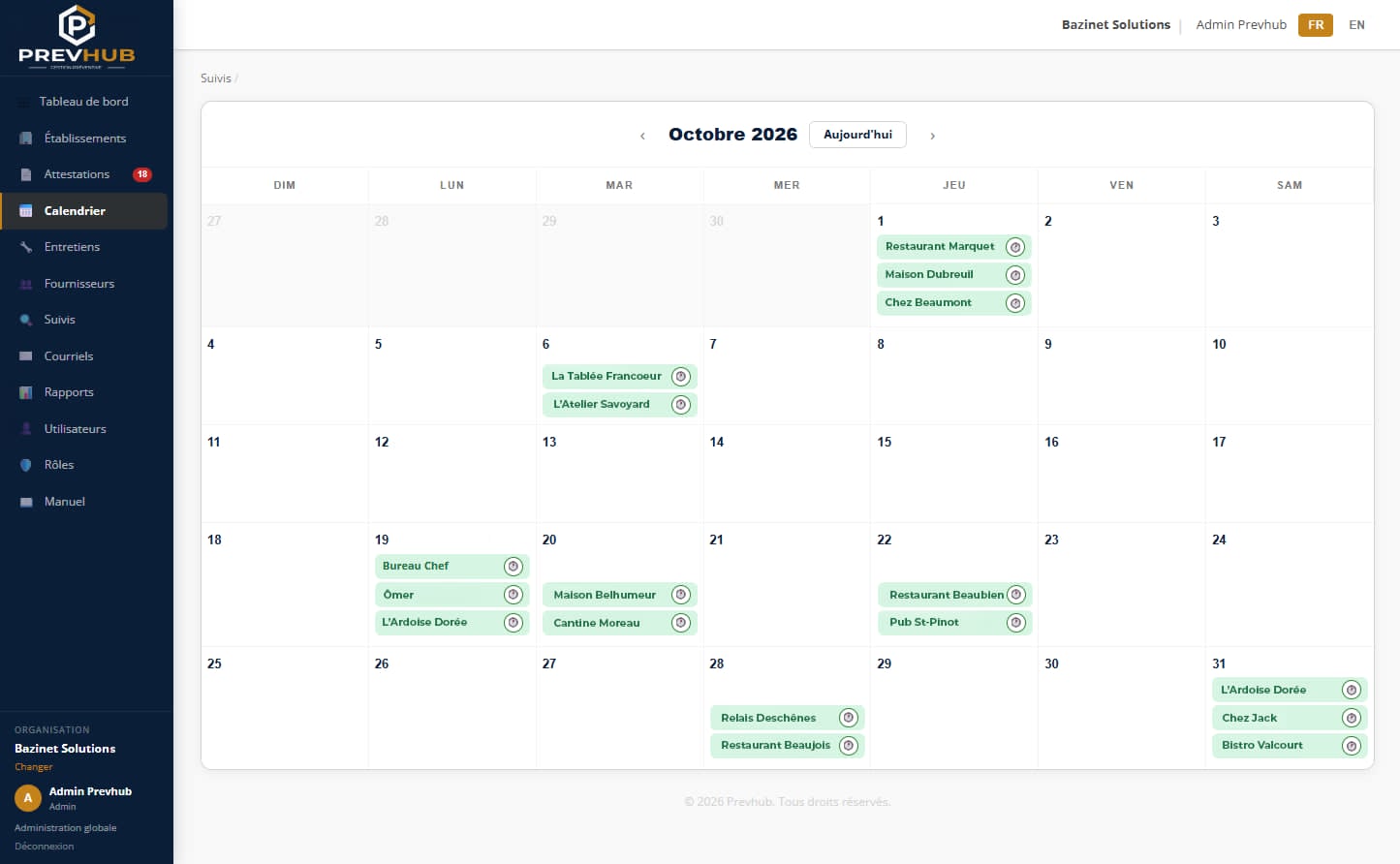 Aperçu du calendrier PrevHub