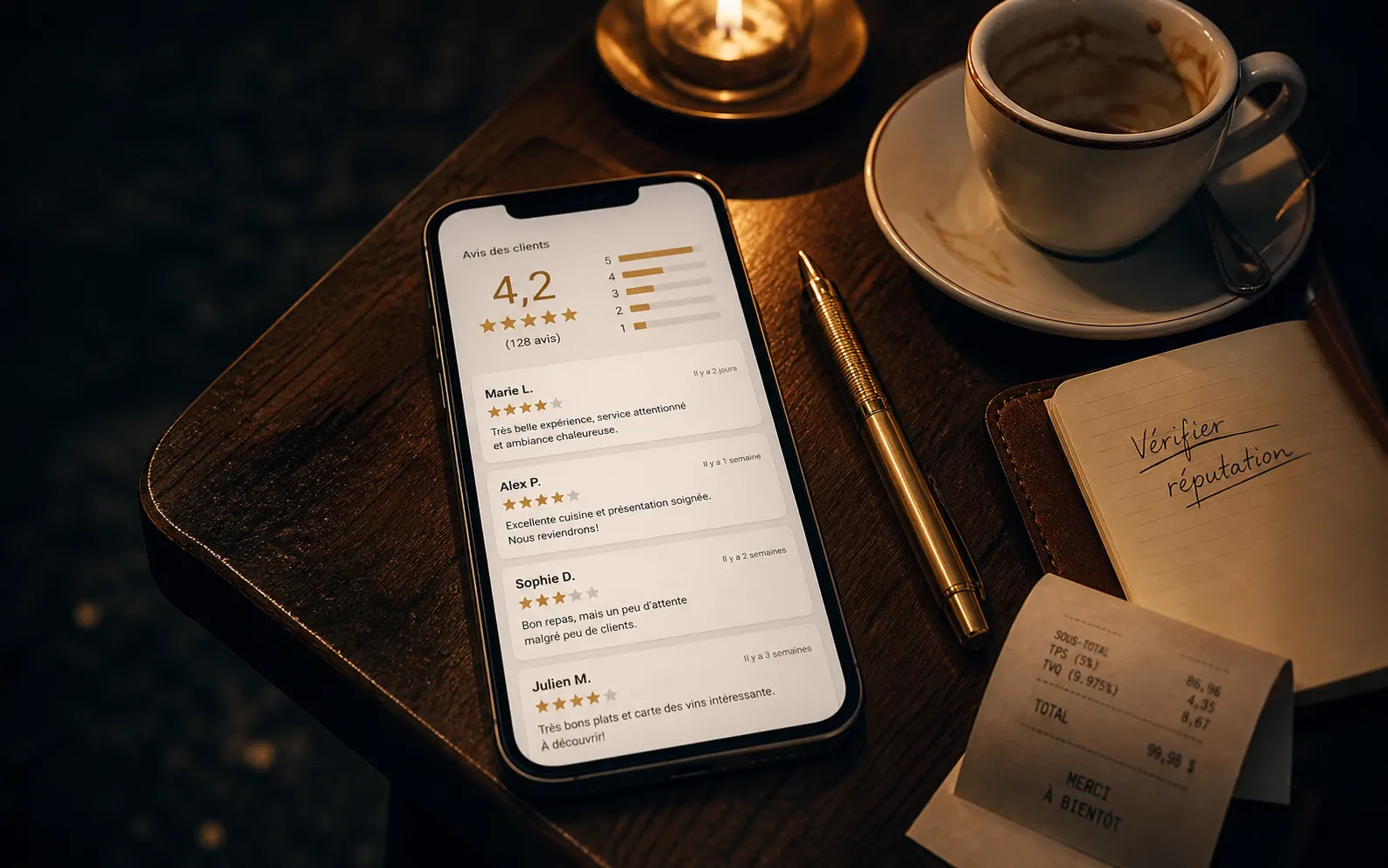 Téléphone posé sur table de bistro de fin de service, avis Google ouverts à l’écran